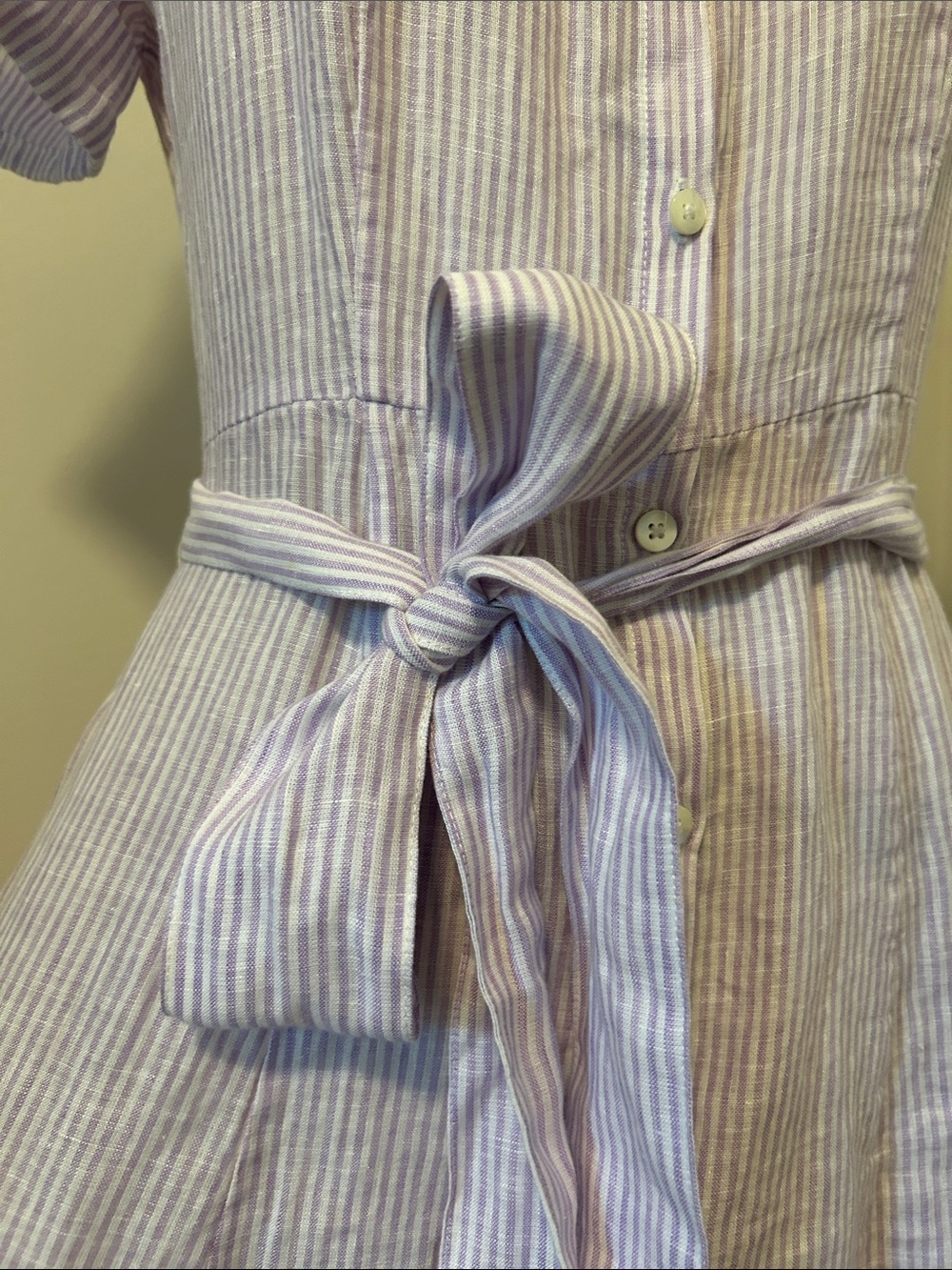 Hill House Lavender-Striped Tie-Waist Linen Shirt Dress - Picture 3 of 9